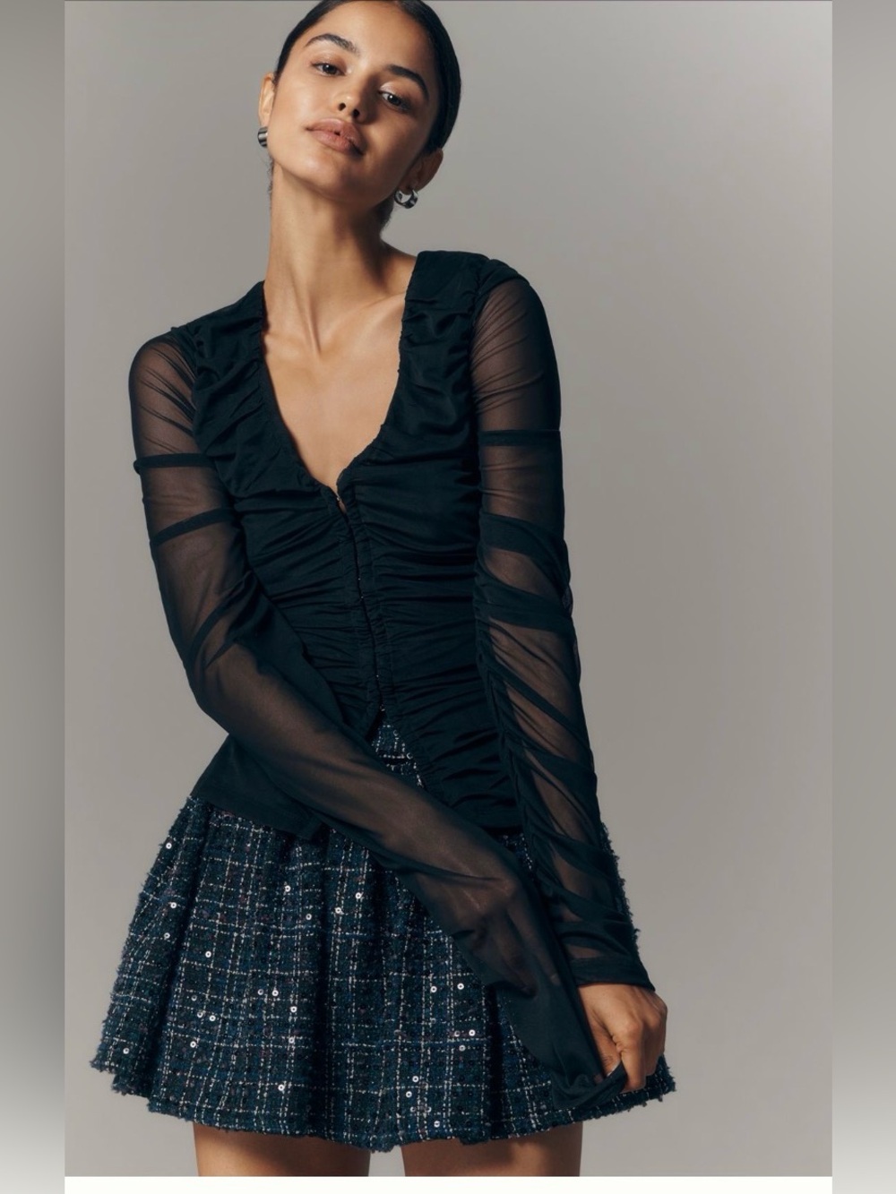 Anthropologie new Maeve Black Ruched V-Neck Long Sleeve Top XS fall edgy boho